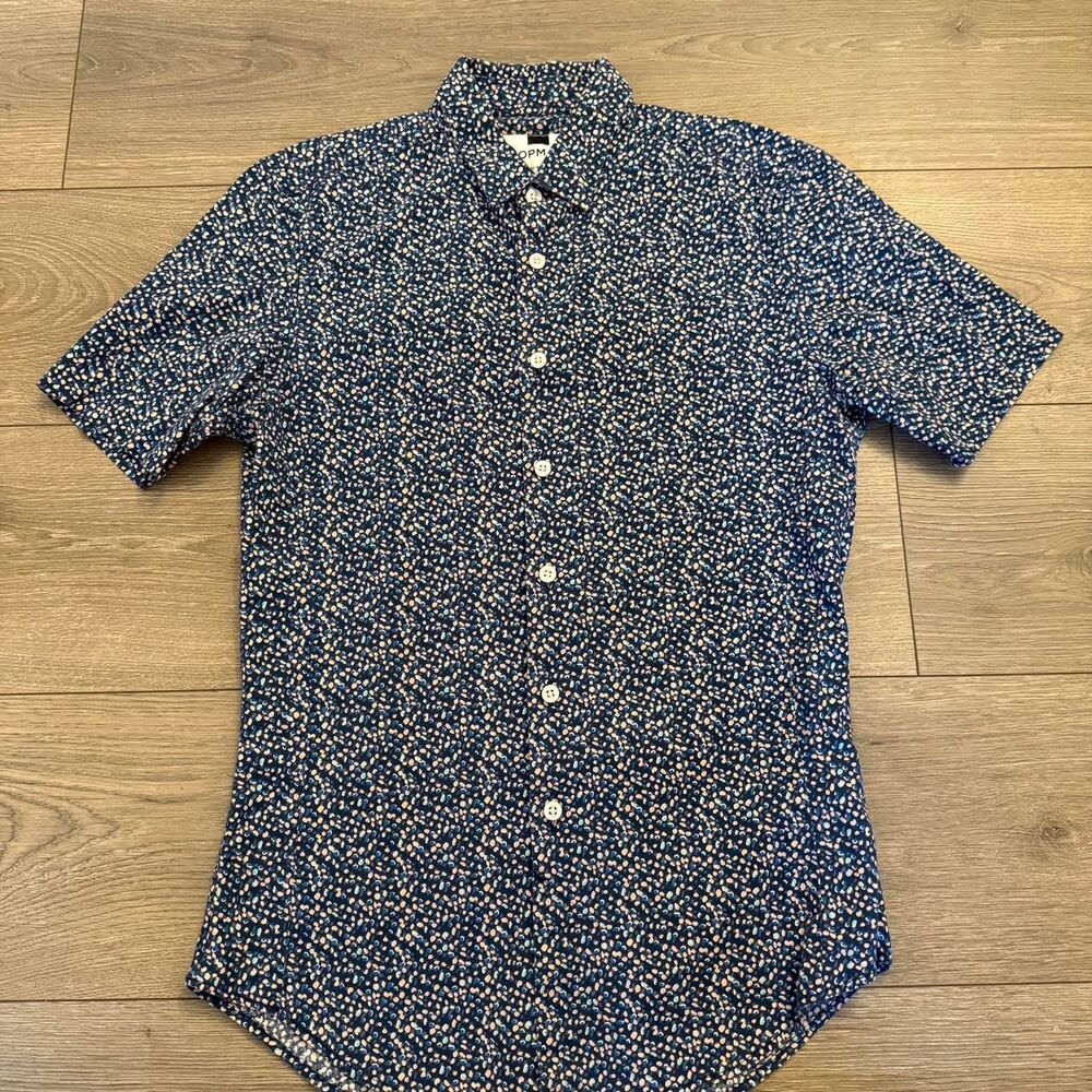 Topman Mens Short Sleeve Button Down Shirt Small Navy Pink Blue Micro Dot Slim